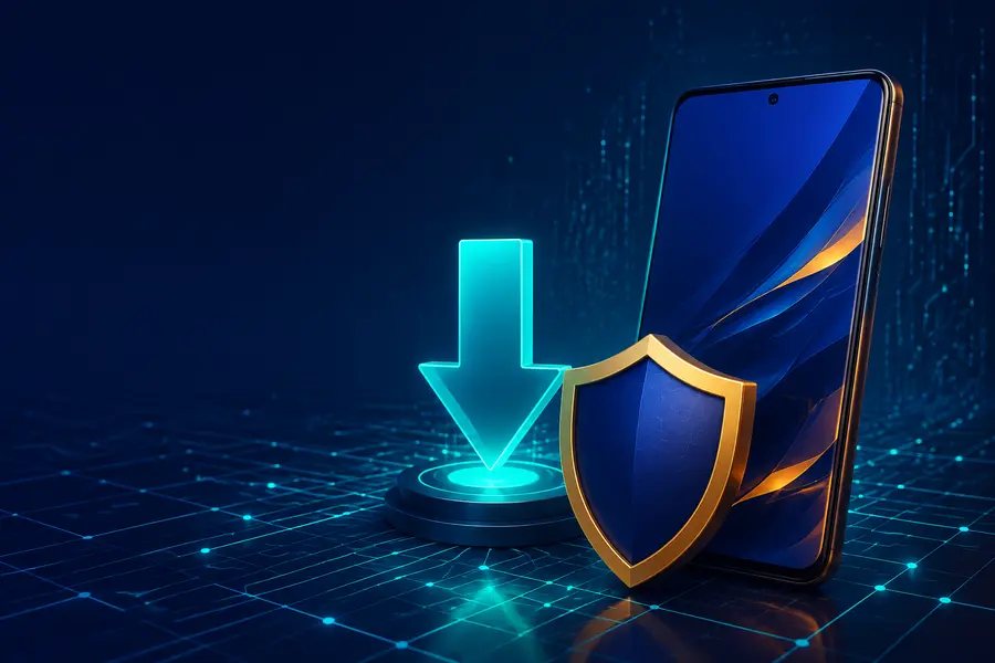 Android download arrow, phone and security shield
