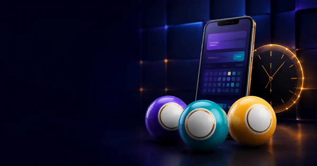 Three lottery balls beside a mobile information interface and IST clock