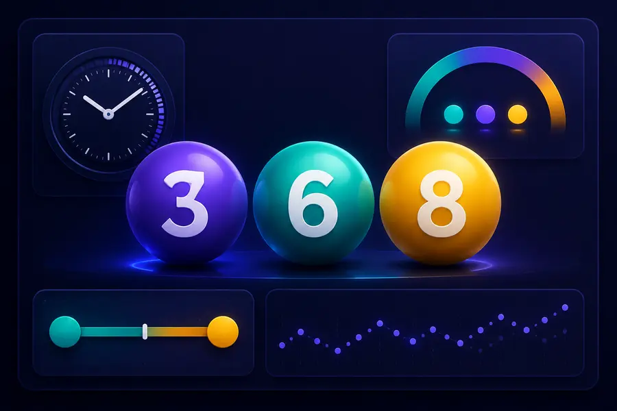 Exactly three reference number balls with IST clock and trend cards