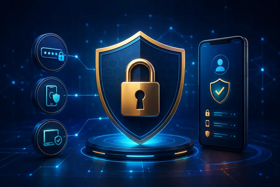 Account security shield, lock and protected mobile phone